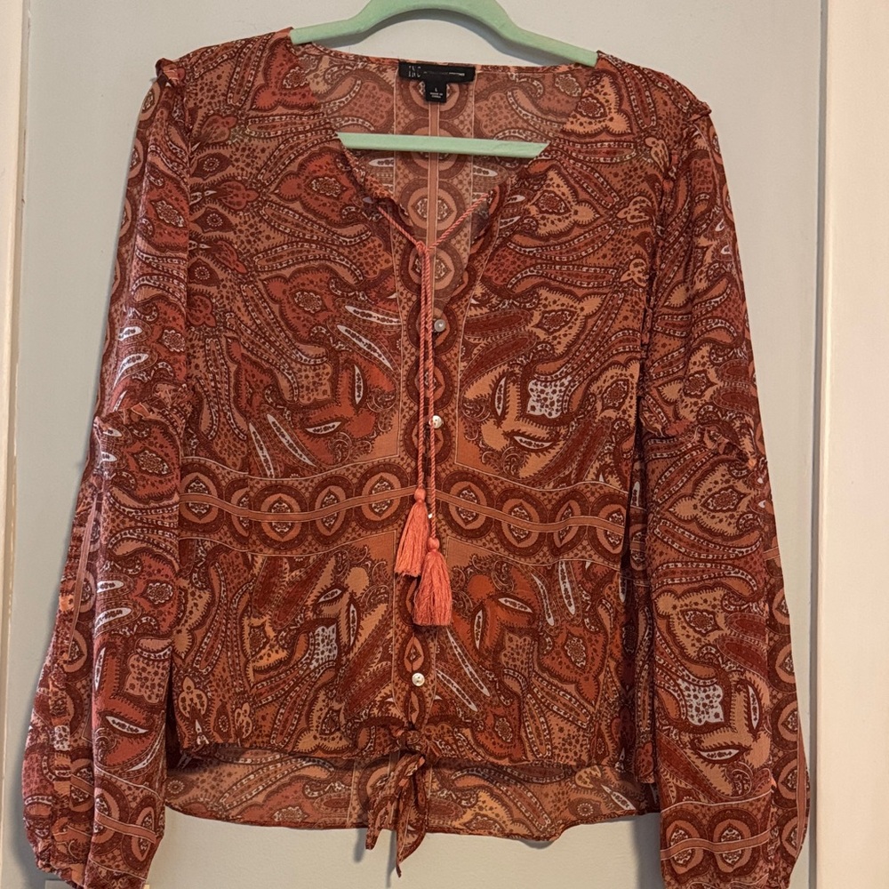 INC International Concepts Rust Paisley Blouse cropped bottom.